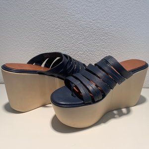 Joe's Navy Leather Sandal Platform Wedges